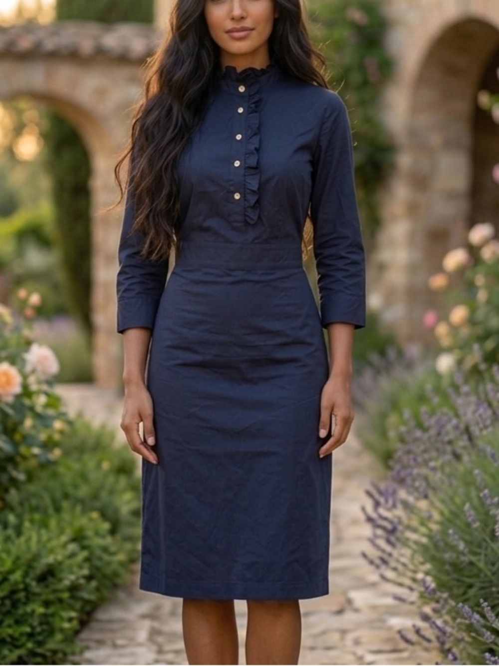 Tory Burch Navy Ruffle-Placket Midi Dress size 4